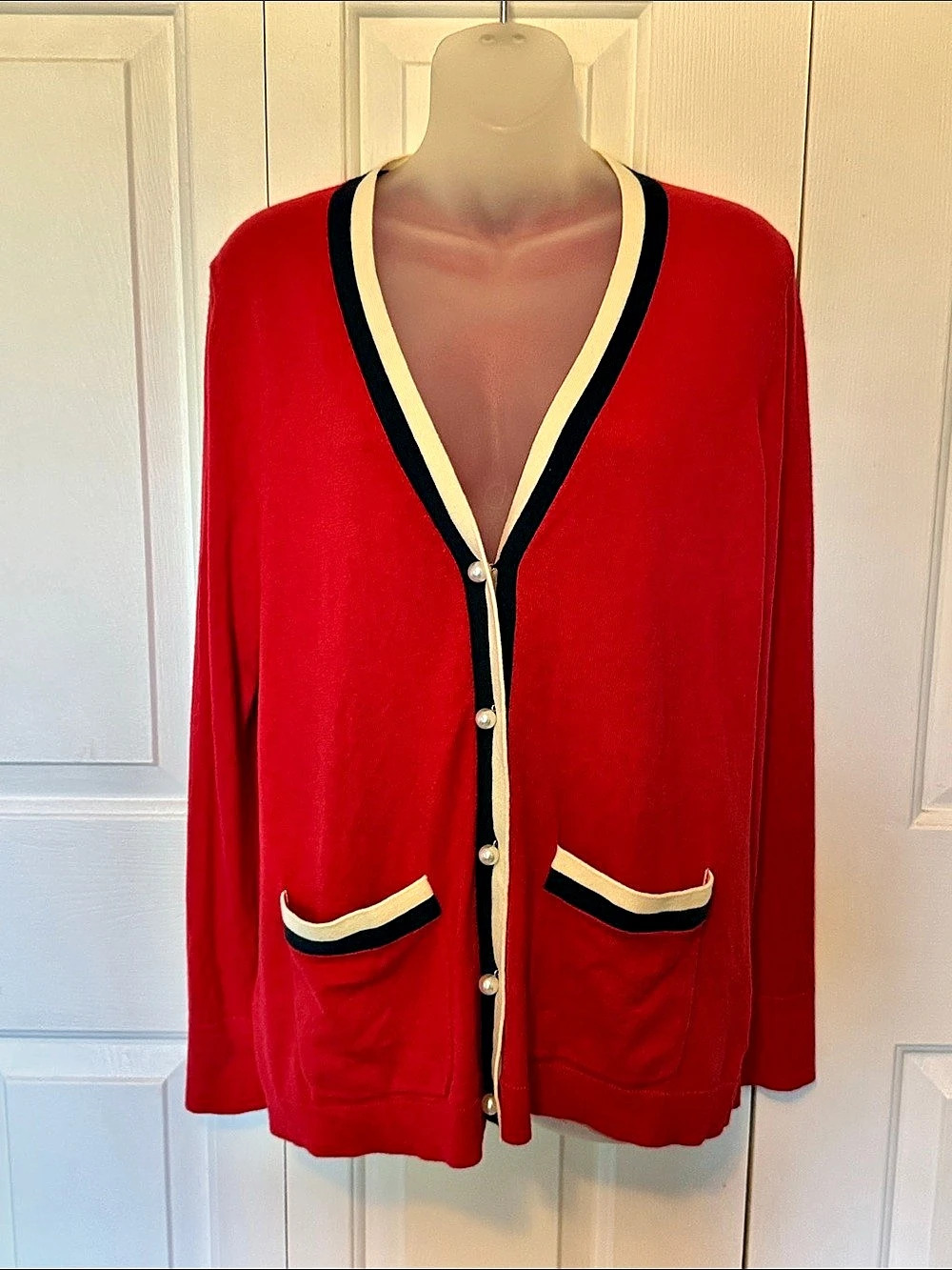 Talbots Color Block Cardigan Red & White Size Medium b57